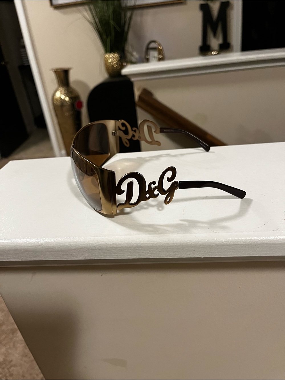 D&G Men’s Gold-Tone Frame Sunglasses with Amber Lenses - Picture 3 of 5
